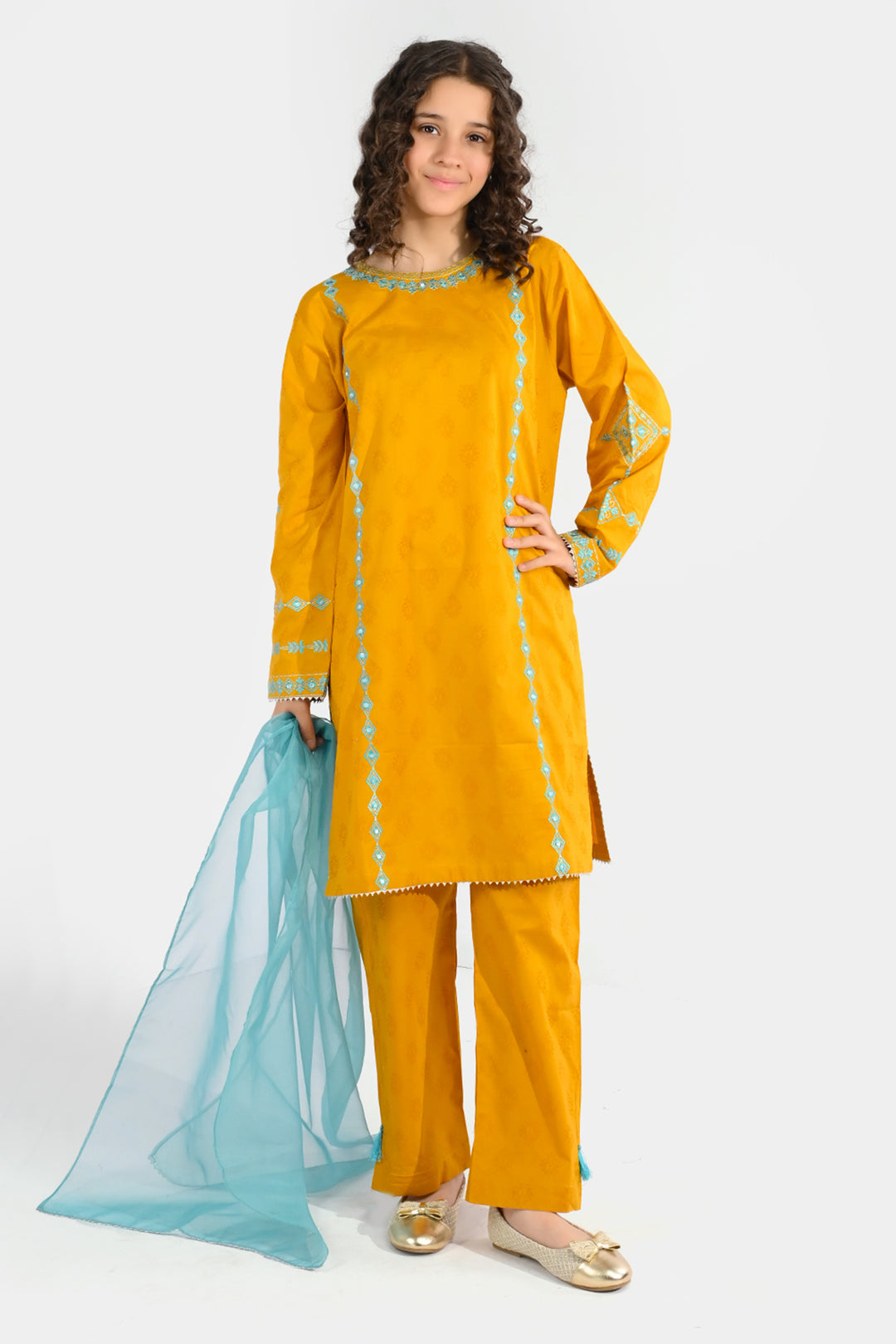 Girls Jacquard 3Pcs (Noor) - Mustard