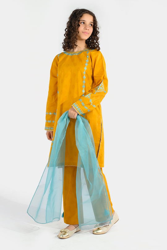 Girls Jacquard 3Pcs (Noor) - Mustard
