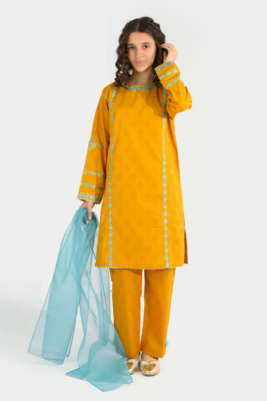 Girls Jacquard 3Pcs (Noor) - Mustard