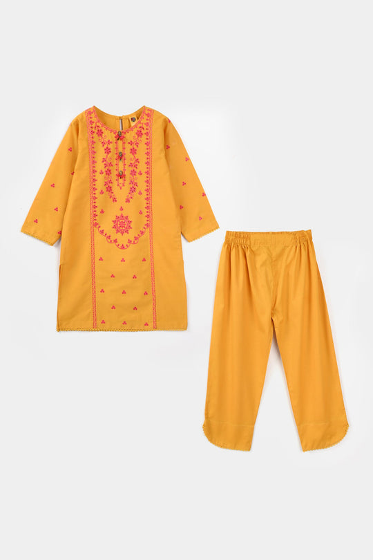 Girls Cotton Poplin Embroidered 2Pcs Yaad - Mustard