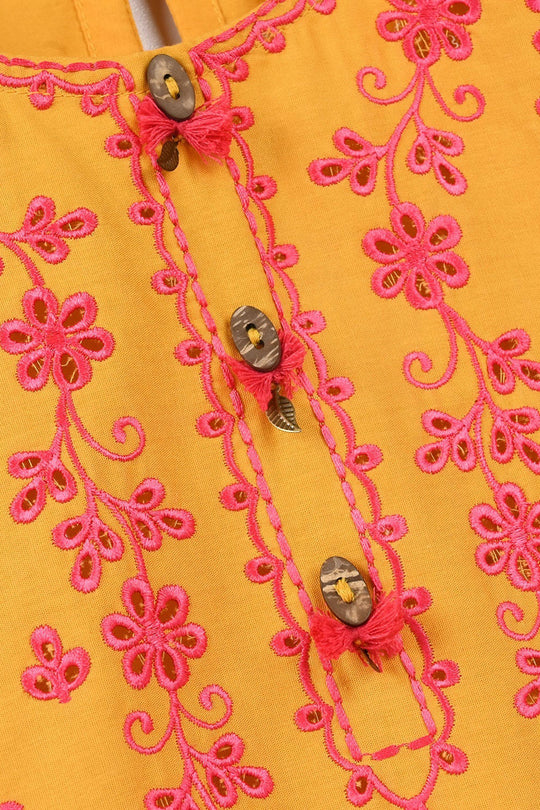 Girls Cotton Poplin Embroidered 2Pcs Yaad - Mustard