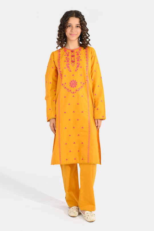 Girls Cotton Poplin Embroidered 2Pcs Yaad - Mustard
