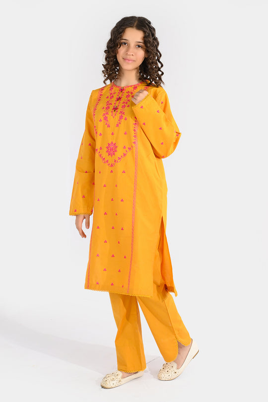 Girls Cotton Poplin Embroidered 2Pcs Yaad - Mustard