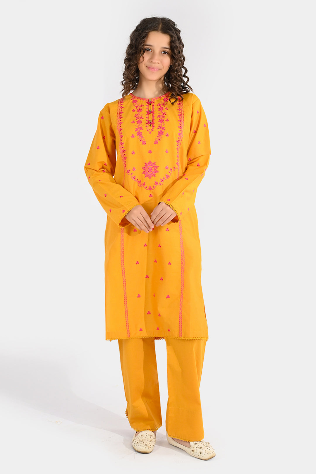 Girls Cotton Poplin Embroidered 2Pcs Yaad - Mustard