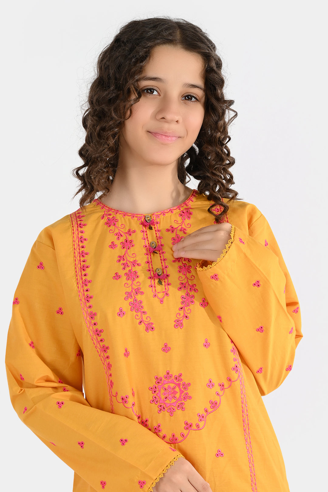 Girls Cotton Poplin Embroidered 2Pcs Yaad - Mustard