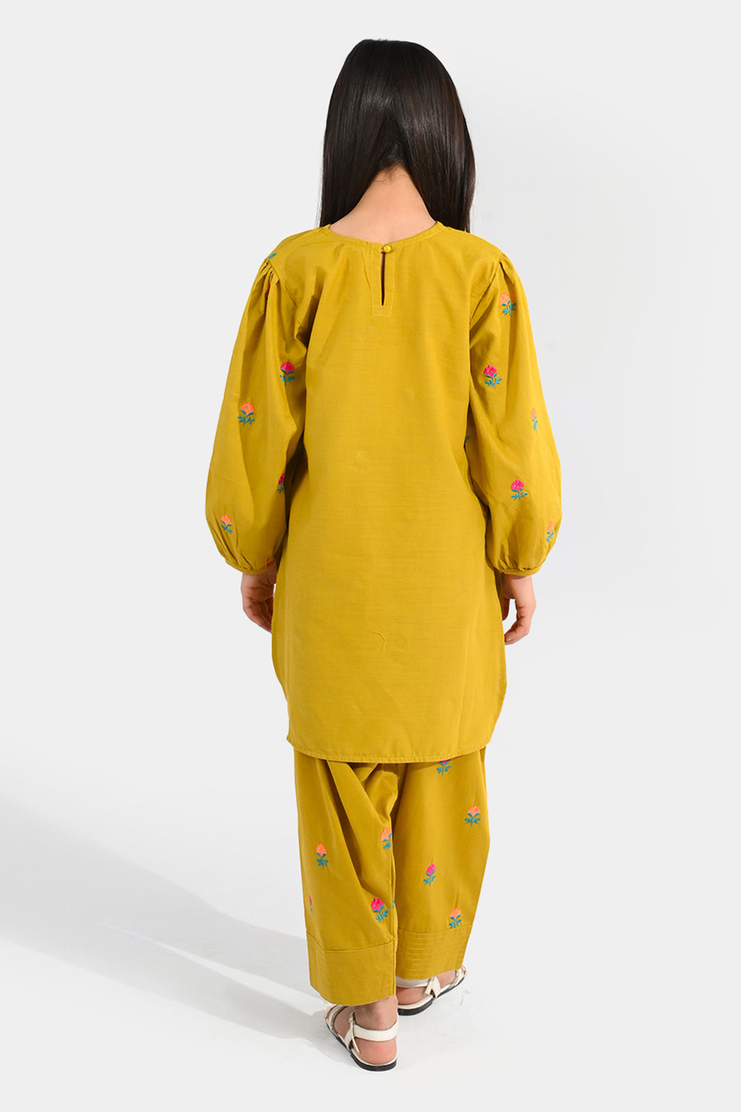 Girls Cotton Slub Embroidered 2-Piece Set (Sama) - Dhani Green