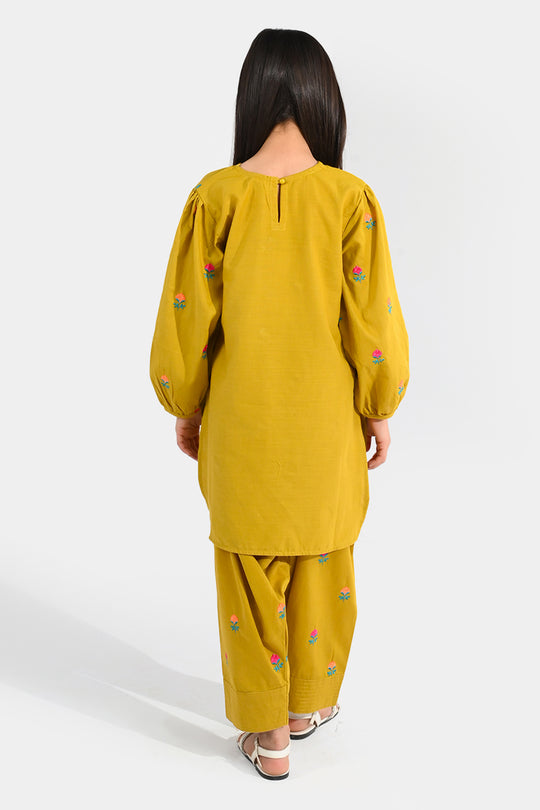 Girls Cotton Slub Embroidered 2-Piece Set (Sama) - Dhani Green