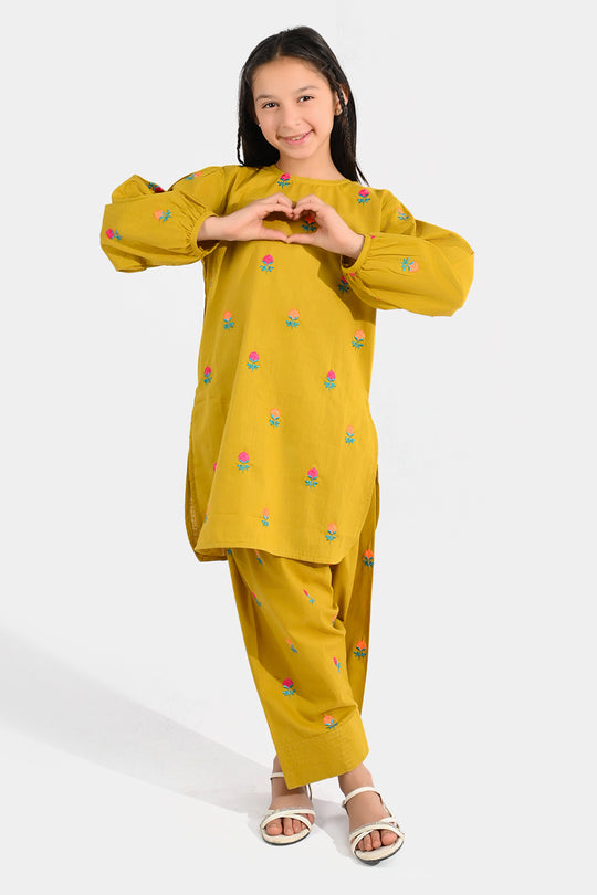 Girls Cotton Slub Embroidered 2-Piece Set (Sama) - Dhani Green