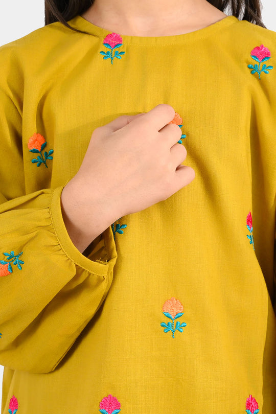 Girls Cotton Slub Embroidered 2-Piece Set (Sama) - Dhani Green