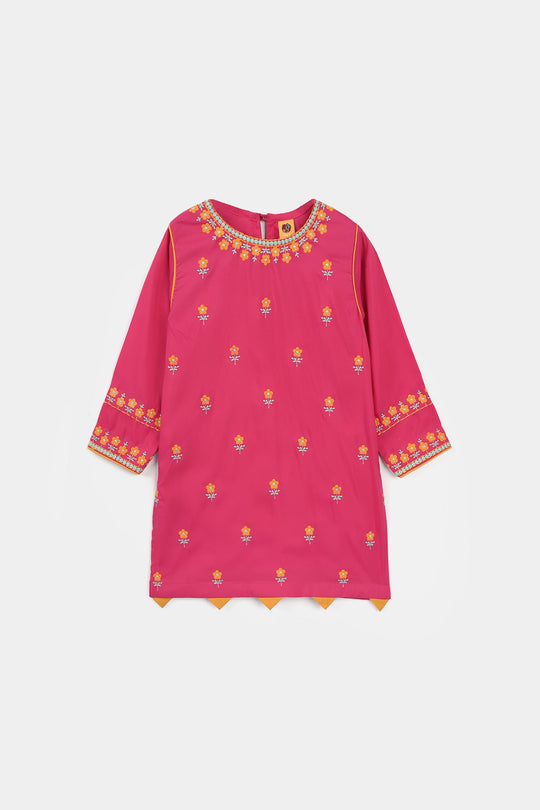 Girls Poly Cambric Embroidered Kurti Pari Noor - Shocking Pink