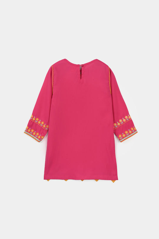 Girls Poly Cambric Embroidered Kurti Pari Noor - Shocking Pink