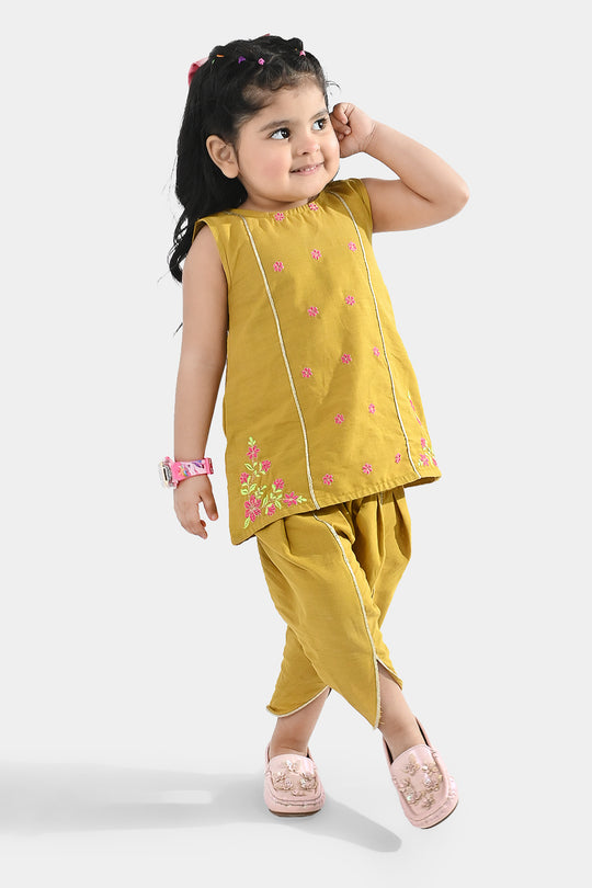 Infant Girls Cotton Slub Embroidered 2 Pcs (Roshan Pari) - Dhani Green