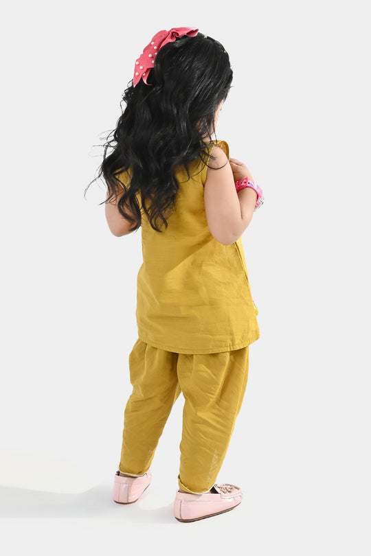Infant Girls Cotton Slub Embroidered 2 Pcs (Roshan Pari) - Dhani Green