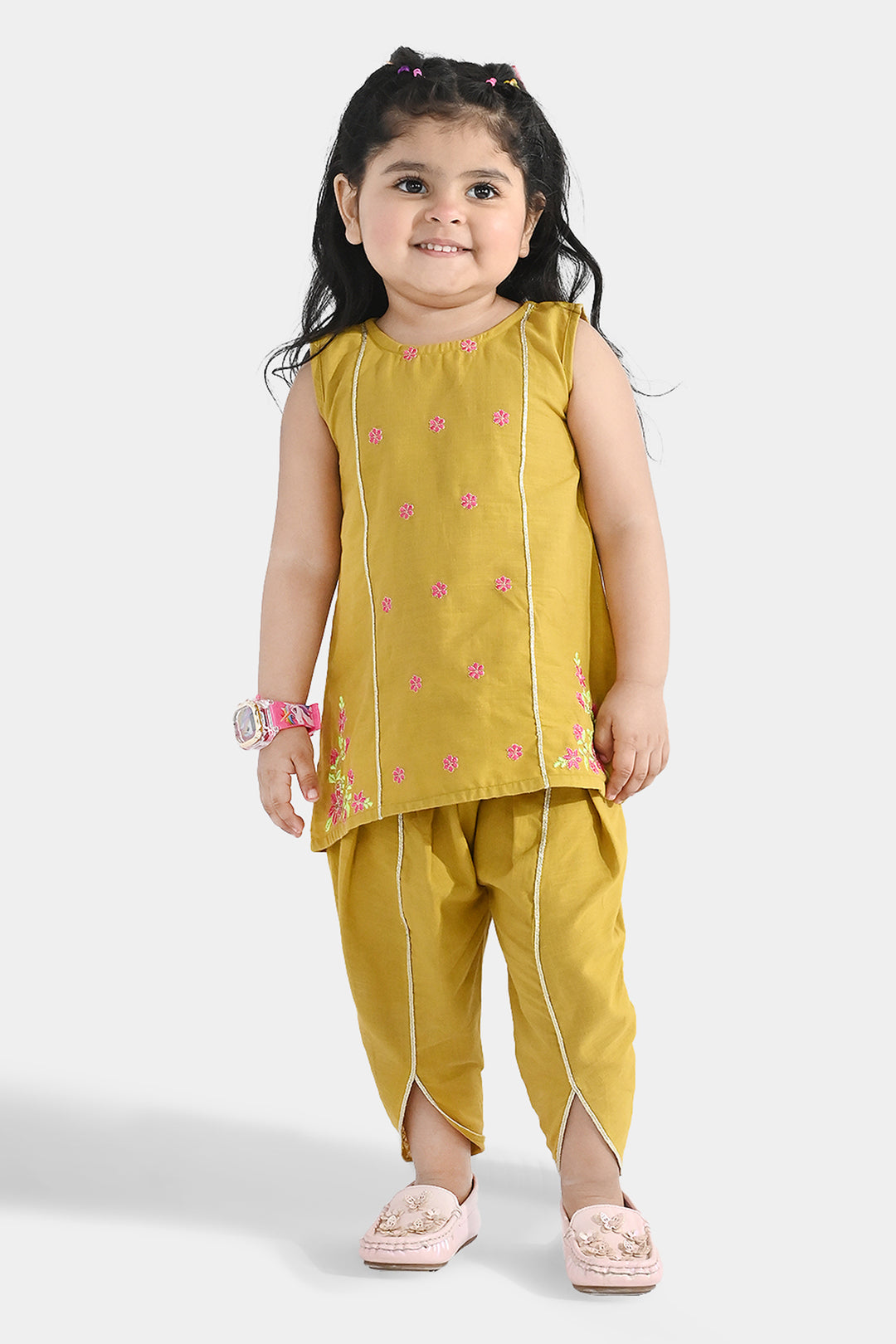 Infant Girls Cotton Slub Embroidered 2 Pcs (Roshan Pari) - Dhani Green