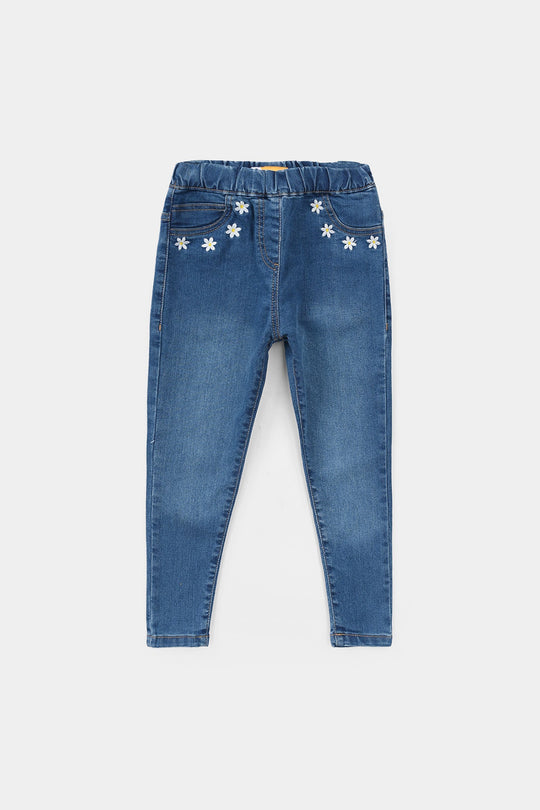 Girls Denim Stretch Jeggings (Flower) - Mid Blue