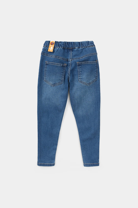 Girls Denim Stretch Jeggings (Flower) - Mid Blue