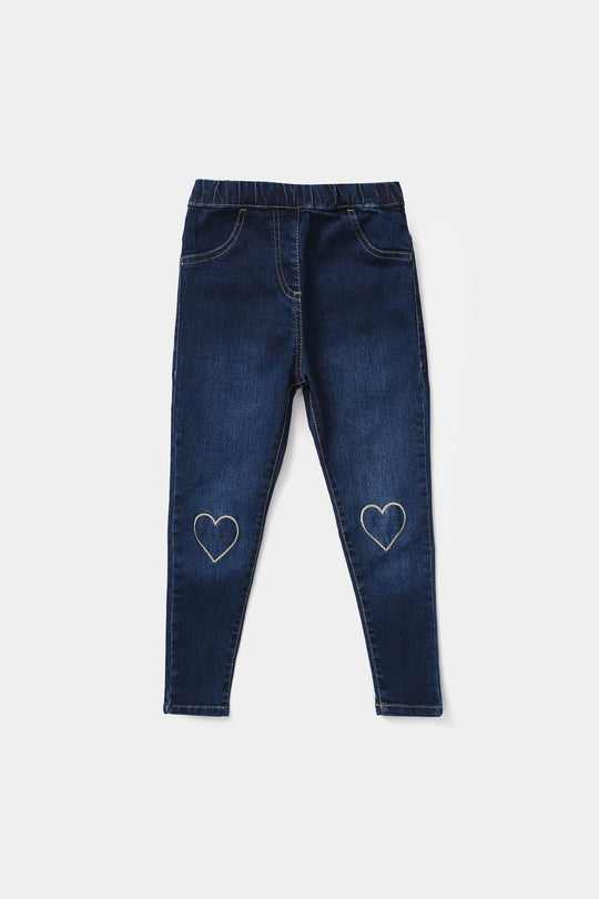 Girls Denim Stretch Jeggings (Heart Patch) - Dark Blue