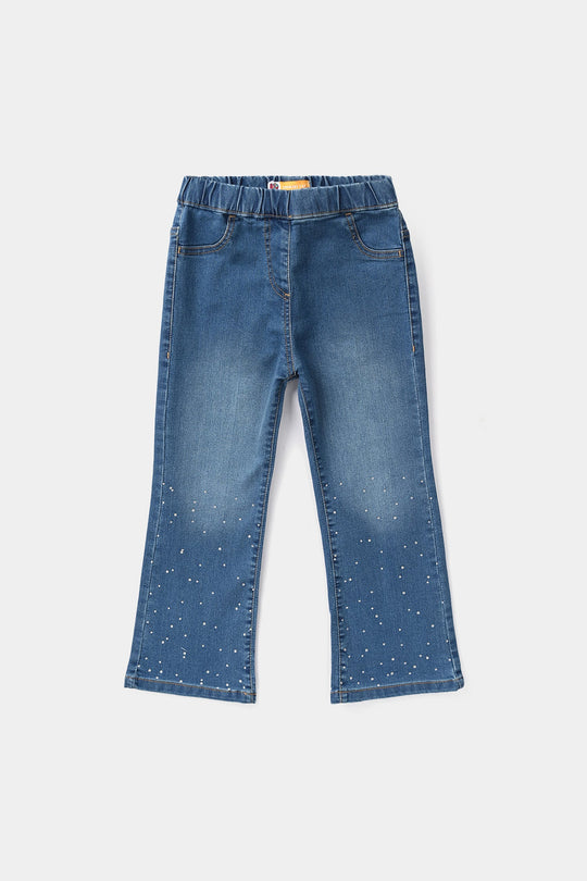 Girls Denim Stretch Jeggings (Studs) - Mid Blue