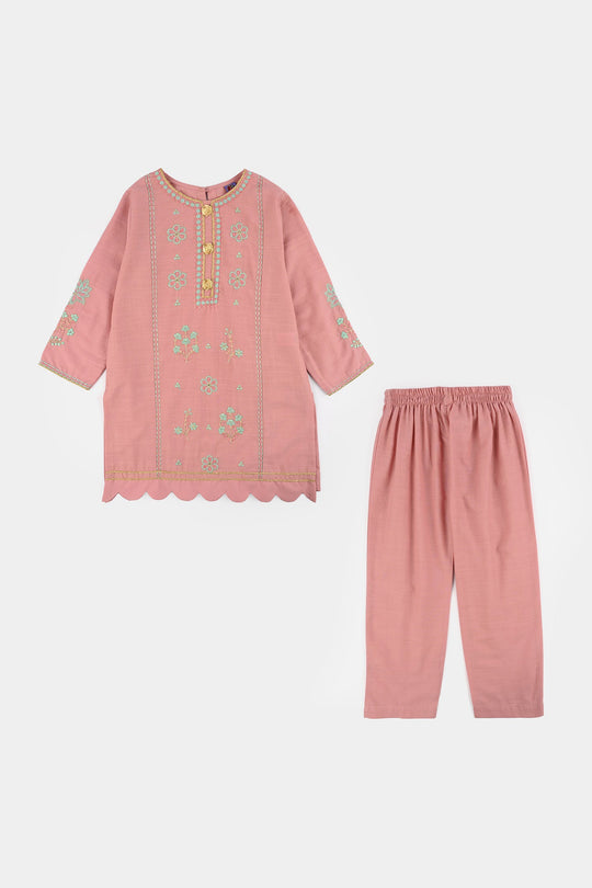 Teens Girls Cotton Slub Emb 2Pcs Mina -T.Pink