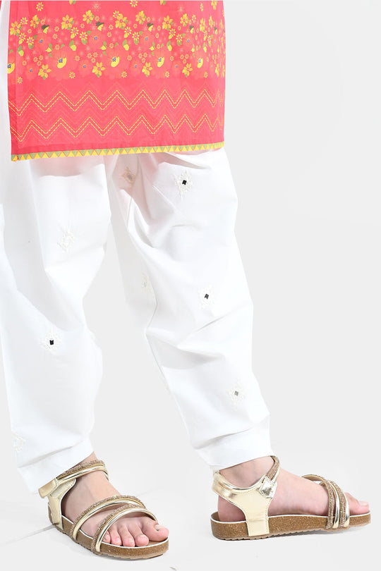 Girls Cotton Embroidered Shalwar Booti – White