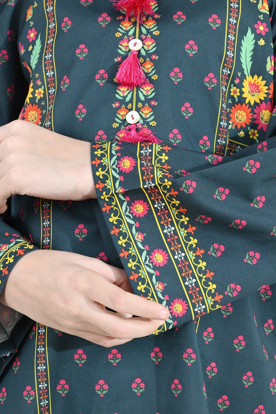 Girls Cotton Printed Kurti Eira - Teal Blue