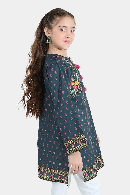 Girls Cotton Printed Kurti Eira - Teal Blue