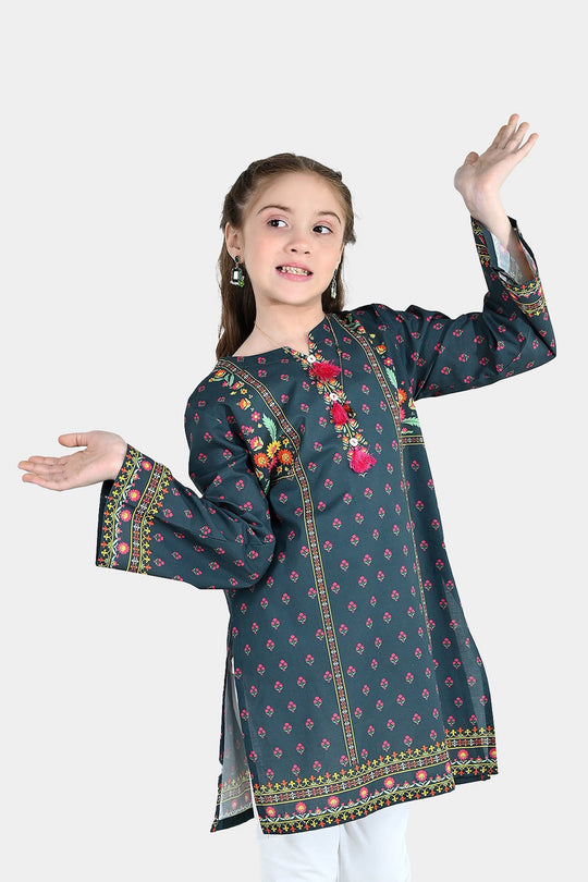 Girls Cotton Printed Kurti Eira - Teal Blue