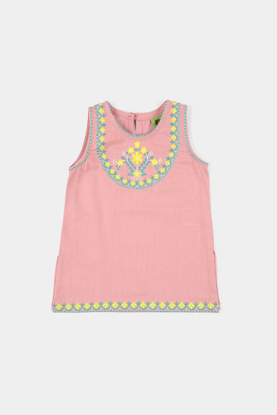 Infant Girls Cotton Slub Embroidered Kurti (Sama) - T.Pink