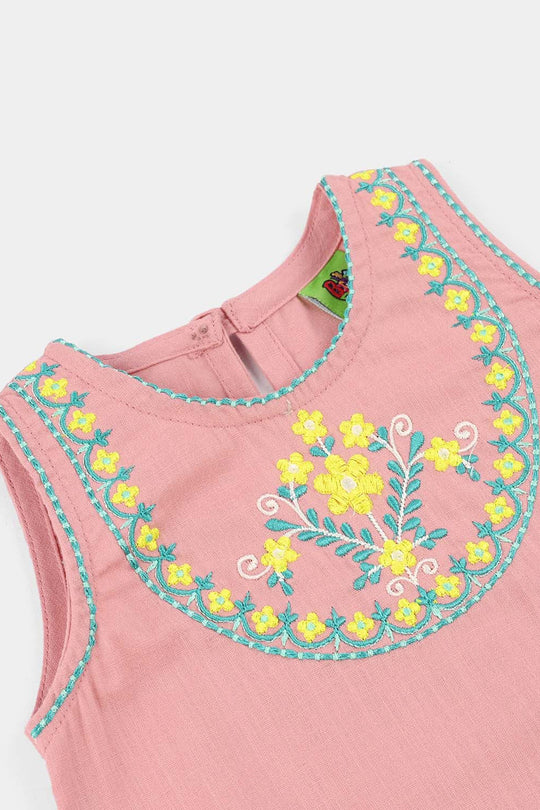 Infant Girls Cotton Slub Embroidered Kurti (Sama) - T.Pink