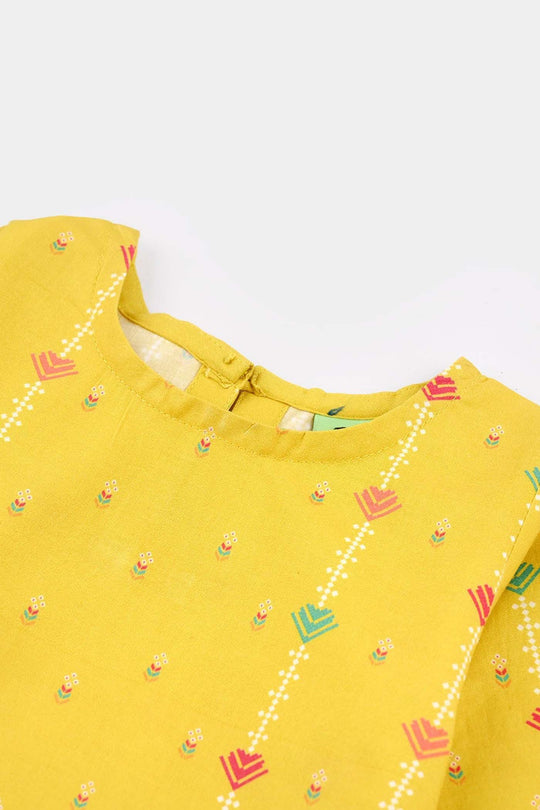 Infant Girls Cotton Printed Kurti - Yellow