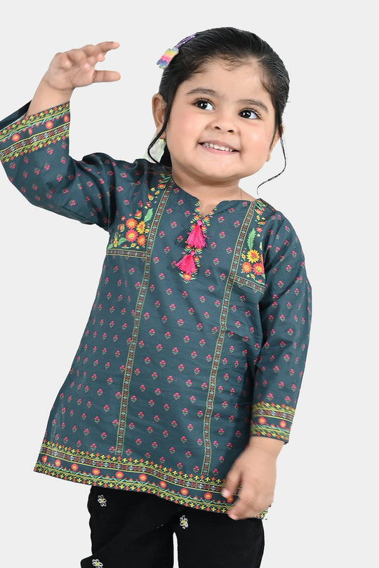 Infant Girls Cotton Printed Kurti Eira - Teal Blue