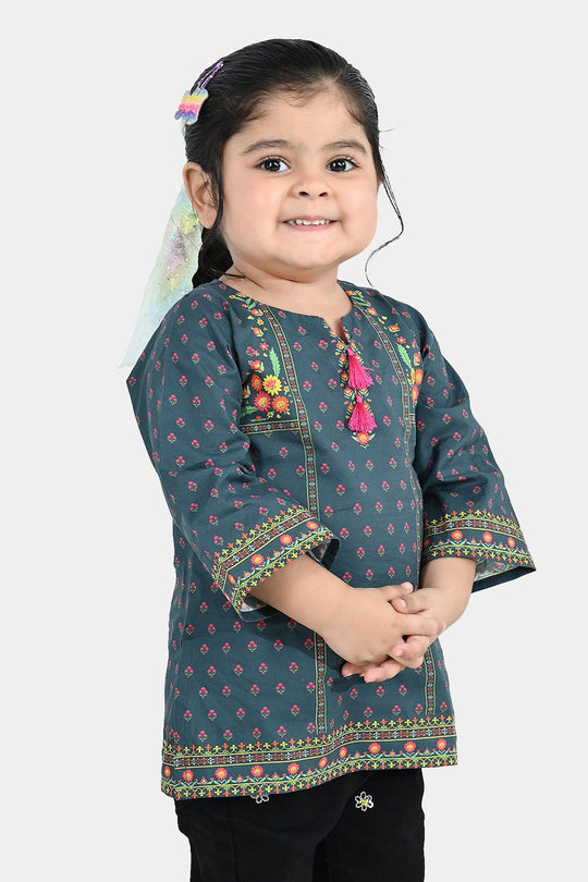 Infant Girls Cotton Printed Kurti Eira - Teal Blue