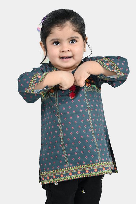 Infant Girls Cotton Printed Kurti Eira - Teal Blue