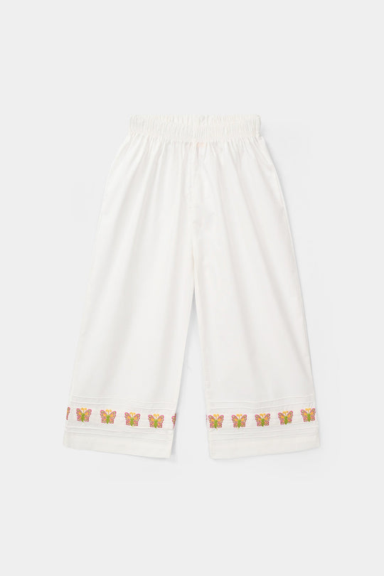 Girls Cotton Embroidered Culottes (Butterfly) - White