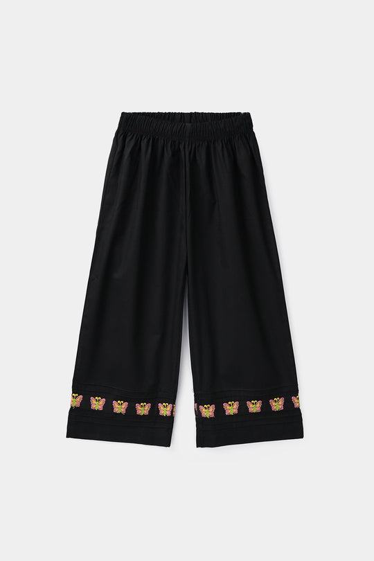 Girls Cotton Embroidered Culottes Butterfly - Black