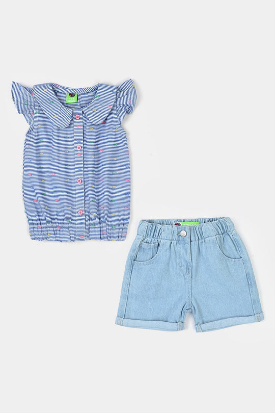 Infant Girls Yarn Dyed 2 Pc Suit - Blue