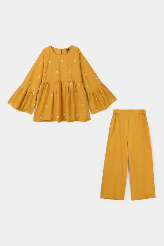 Girls Cotton Slub Emb CO-Ord Set -Mustard