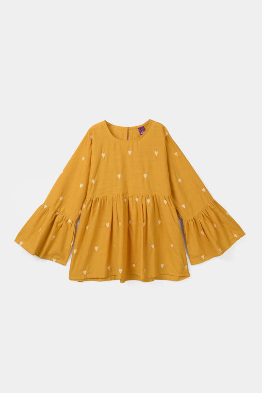 Girls Cotton Slub Emb CO-Ord Set -Mustard