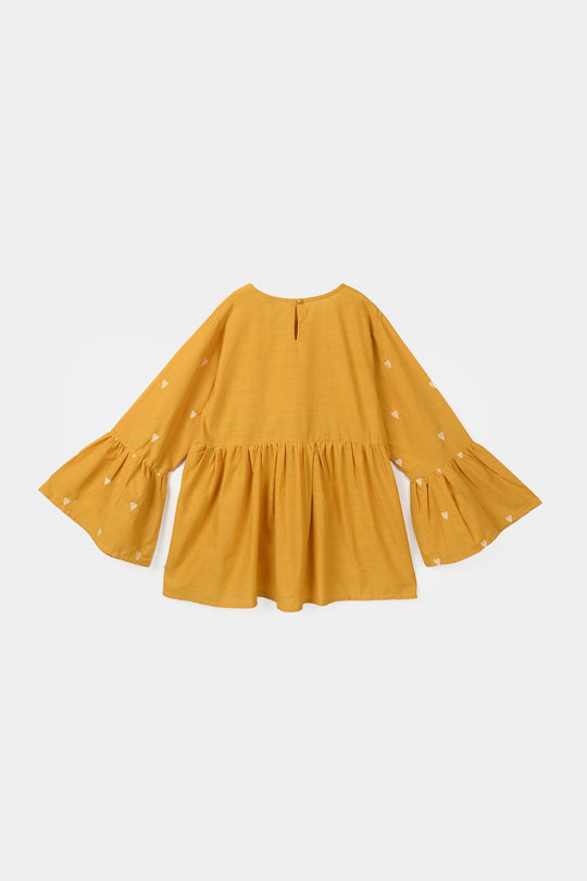 Girls Cotton Slub Emb CO-Ord Set -Mustard