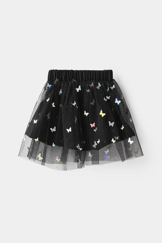Girls Net Shorts Skirt Butterfly - Black