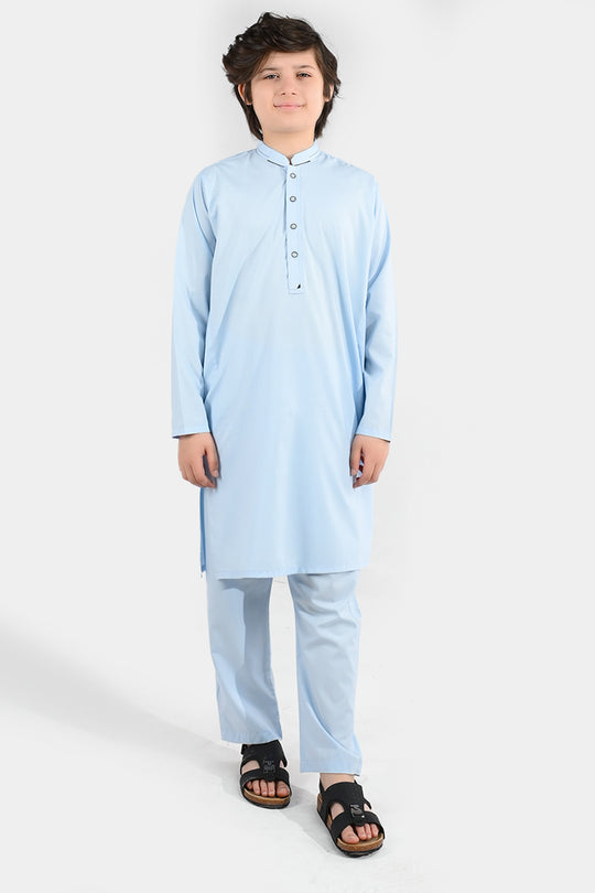 Boys Poly Viscose Kurta Pajama (Cut Collar) - Light Blue