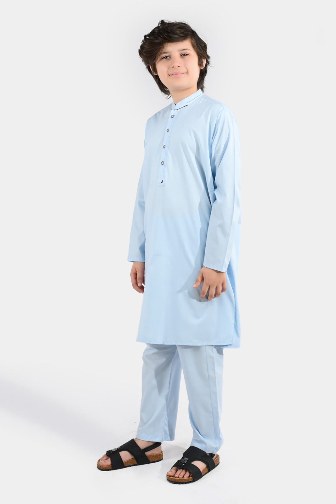 Boys Poly Viscose Kurta Pajama (Cut Collar) - Light Blue