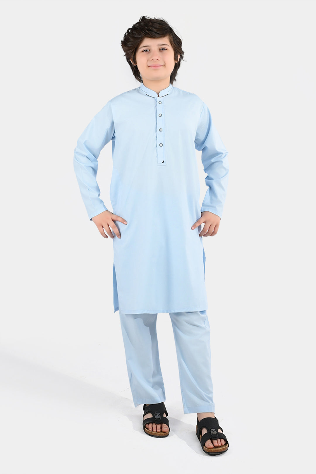 Boys Poly Viscose Kurta Pajama (Cut Collar) - Light Blue