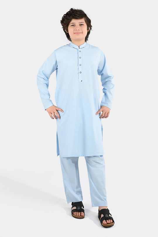 Boys Poly Viscose Kurta Pajama (Cut Collar) - Light Blue