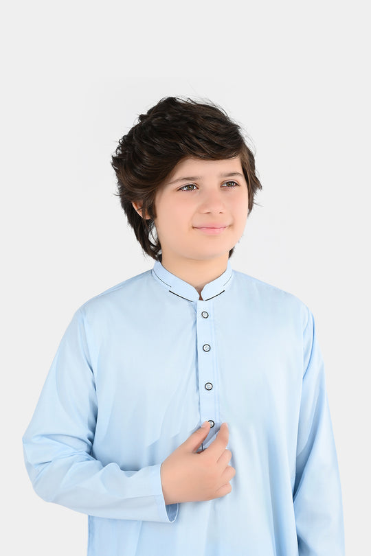 Boys Poly Viscose Kurta Pajama (Cut Collar) - Light Blue