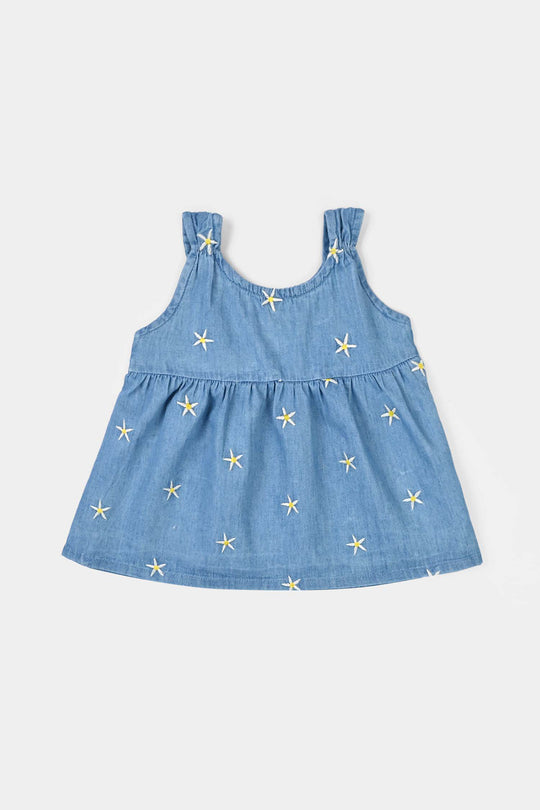 Infant Girls Tensile Embroidered Top (Stars) - Light Blue