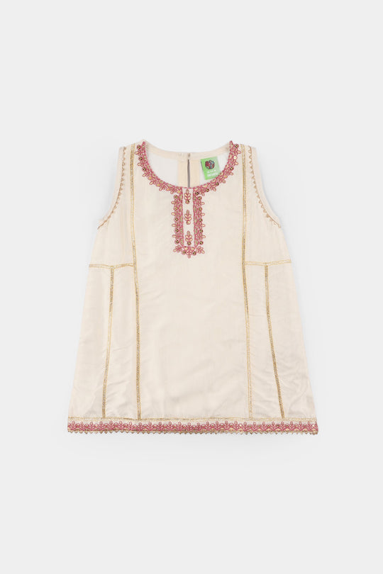 Infant Girls Raw Silk 2-Piece Pathani Set (Embroidered Lace) - Off White