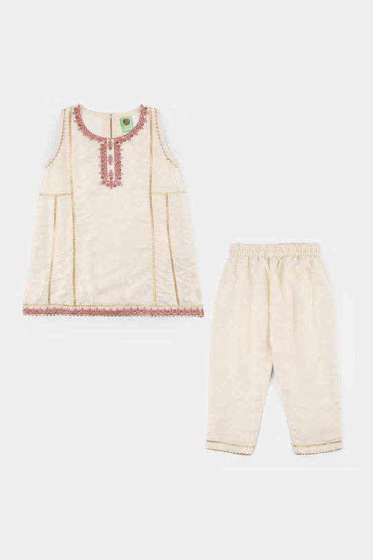 Infant Girls Raw Silk 2-Piece Pathani Set (Embroidered Lace) - Off White