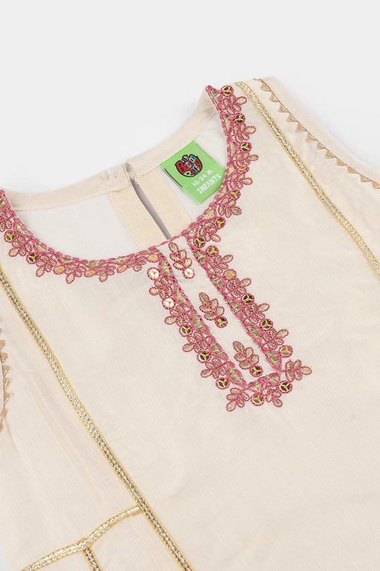 Infant Girls Raw Silk 2-Piece Pathani Set (Embroidered Lace) - Off White