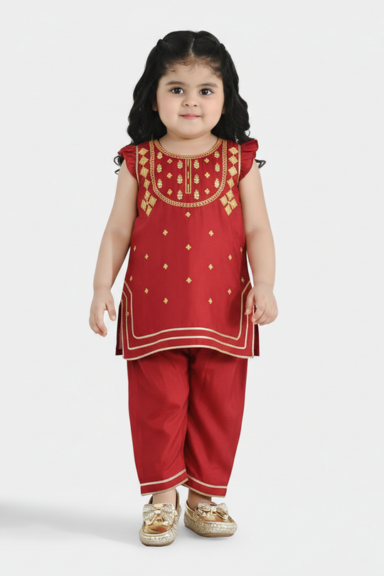 Infant Girls Raw Silk 2-Piece Zara Set - Red